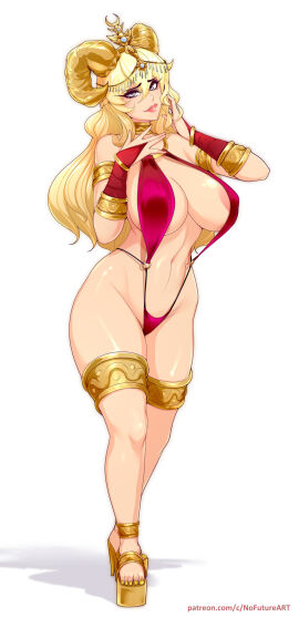 1girls areola_slip big_breasts blonde_hair blue_eyes breasts commission curved_horns elysia_(waifulover007) female female_only full_body gauntlets heels hi_res high_heels horns jewelry long_hair looking_at_viewer nofuture sling_bikini smiling smiling_at_viewer solo thick_thighs white_background