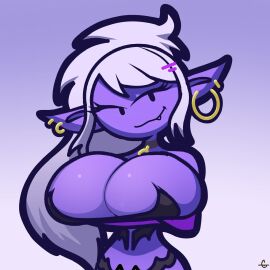 big_breasts breasts dot_eyes elf elf_ears female gradient_background jaysonguzman567 manaworld piercing piercings purple_skin syx white_hair