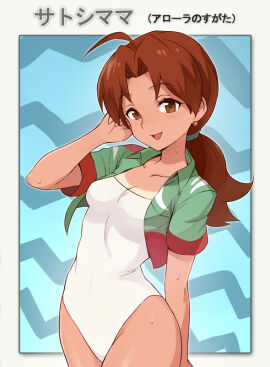 ahoge arm_behind_back bare_arms bare_legs bare_thighs blush breasts brown_eyes brown_hair cleavage collarbone delia_ketchum_(pokemon) female jacket long_hair low_ponytail mature_female medium_breasts milf one-piece_swimsuit open_clothes parted_lips pokemon ponytail short_sleeves smile sweat sweatdrop tan_body tanline ter_(otokoter) thick_thighs thighs white_one-piece_swimsuit wide_hips