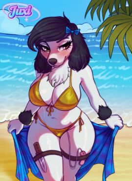 anthro beach big_breasts bikini bikini_bottom bikini_top black_hair black_nose blush breasts canid canine canis clothing domestic_dog female fur hair hi_res juxi knife mammal navel pink_body pink_fur poodle princess_(nicoya) sand sarong sea sex_toy solo swimwear two-piece_swimsuit vibrator water