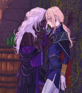 2d_(artwork) 2girls big_breasts blonde_hair blush breasts cleavage dark-skinned_female dark_skin dominant_female duchess_(elden_ring) duchess_(nightreign) elden_ring elden_ring_nightreign female fromsoftware imminent_kiss katotonic light-skinned_female light_skin older_female recluse_(elden_ring) recluse_(nightreign) shy_expression submissive_female white_hair younger_female yuri