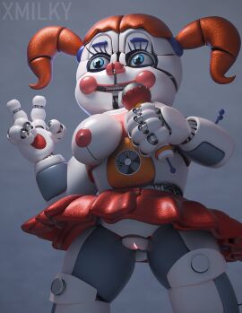 3d accurate_model animatronic baby_(fnafsl) big_breasts blue_eyes breasts circus_baby circus_baby_(fnaf) circus_baby_(original) female female_only five_nights_at_freddy's five_nights_at_freddy's:_sister_location full_color microphone nipples no_penetration orange_hair peace_sign pink_nipples pussy red_skirt robot robot_girl robot_humanoid skirt solo solo_female thighs twintails upskirt vagina white_body x3milky