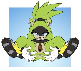 1girls anus ass blue_eyes bottomless clitoris ear_piercing fangs female female_only footwear gloves green_fur grin leatherruffian long_hair looking_at_viewer lying lying_on_back presenting_pussy pussy sharp_teeth solo sonic_(series) sonic_the_hedgehog_(comics) sonic_the_hedgehog_(idw) sonic_the_hedgehog_(series) spread_anus spread_legs spread_pussy spreading surge_the_tenrec tied_hair
