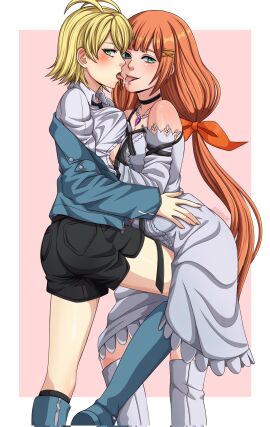 2girls blonde-haired_female blonde_hair clothed denixsaw elrena groping hand_under_clothes kingdom_hearts knee_in_crotch lesbian_kiss looking_at_viewer orange-haired_female orange_hair saliva strelitzia teasing tongue tongue_out undressing yuri