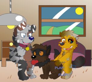 absurd_res anthro australian_shepherd beaver black_body black_fur brown_body canid canine canis cybernetic_eye cybernetics domestic_dog fellatio from_behind_position fur furniture group group_sex herding_dog hi_res knot lamp machine male male/male mammal motion_lines oral pastoral_dog penile penis procyonid raccoon reznoo rodent sex shag_carpet sheepdog sofa stripes threesome trio white_body white_fur window yellow_body yellow_fur zayne_(reznoo)