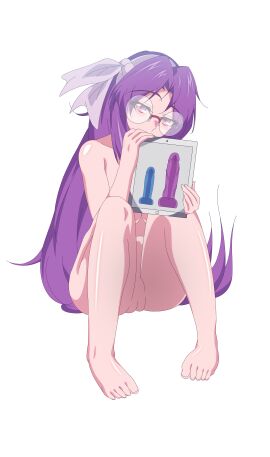 asakura_rikako dildo female glasses holding_object naked purple_eyes purple_hair puruti pussy rikako_asakura touhou touhou_(pc-98) white_headwear