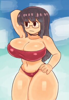 1girls black_choker black_eyes black_hair blue_sky breasts choker cleavage closed_mouth cloud dozo_gon expressionless female female_only glasses huge_breasts jitome long_hair minakami_mai navel nichijou outdoors pink_bra sky solo solo_female sports_bra thick_thighs thighs