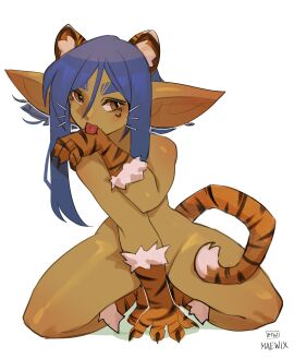 1girls absurd_res animal_ears anthro artist_name artist_signature big_ears black_stripes blue_eyebrows blue_hair claws cleaning crouching cute dark_blue_hair female female_only goblin goblin_ears goblin_female green_skin heart_tattoo licking_claws licking_paws licking_self long_hair looking_at_viewer maewix1 navy_blue_hair nude nude_female orange_fur petplay pointy_ears rissma_(maewix1) solo tail tattoo_under_eye thick_eyebrows tiger_ears tiger_girl tiger_paws tiger_print tiger_stripes tiger_tail tongue white_background