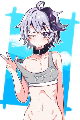 1girls absurdres ahoge androgynous belt_collar black_collar blush bra bra_pull clothes_pull cloud collar collarbone cum cum_on_body cum_on_clothes cum_on_hair cum_on_stomach ear_piercing facial female flat_chest hand_up highres kazekage555 looking_at_viewer navel navel_piercing one_eye_closed outline piercing purple_eyes purple_hair reverse_trap ribs short_hair sky sports_bra tomboy underwear v v_flower vocaloid vocaloid_4 white_hair white_outline