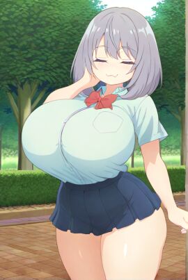 ai_generated female flesh_fang huge_breasts school_uniform schoolgirl silver_hair skin_fang tejina_senpai tejina_senpai_(character)