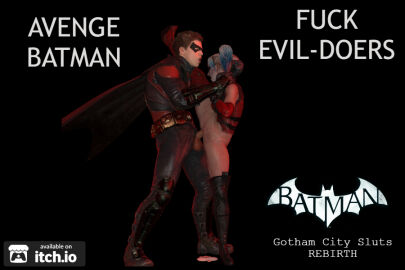 3d balls batman_(series) cum cum_in_pussy cum_inside dc dc_comics female harley_quinn injustice_2 leg_lift male penis pussy robin_(dc) robin_(tim_drake) sex straight superhero supervillainess testicles tim_drake