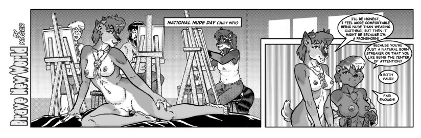 2024 alice_dare anthro brave_new_world_(style_wager) breasts cheek_tuft chest_tuft clothed clothing creating_art dialogue dreamcatcher_(style_wager) english_text eyewear facial_hair facial_tuft female genitals glasses goatee greyscale ground_squirrel groundhog horn human inside jewelry male mammal markings marmot monochrome moustache navel necklace nipples nude open_mouth open_smile painting_(action) pose procyonid pronghorn pussy raccoon ring_(marking) ringed_tail rodent sciurid scut_tail short_tail smile squirrel striped_markings striped_tail stripes style_wager tail tail_markings terri_burrows text tuft