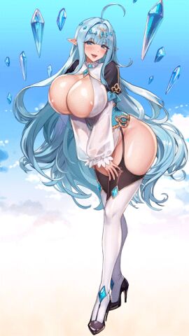 1girls 9:16 ahoge animated big_breasts blue_eyes blue_hair boobs breasts elf_ears female huge_breasts light-skinned_female light_skin long_hair project_qt solo thighhighs tia_(project_qt) vertical_video