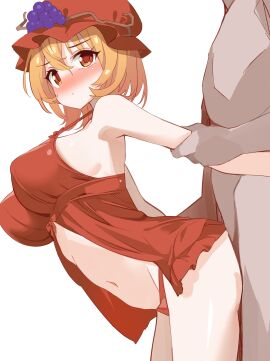 1boy aki_minoriko arm_held_back babydoll blonde_hair blush breasts clothed_female_nude_male clothed_sex female grape_hat_ornament hat highres kamukamu_(ars) large_breasts looking_at_viewer male mob_cap navel nude panties red_babydoll red_eyes red_panties sex sex_from_behind shiny_skin short_hair simple_background solo_focus standing standing_sex straight touhou underwear white_background