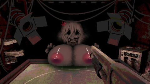 bald black_background black_eyes black_nipples breasts buckshot_roulette creepy_smile dark_skin dealer_(buckshot_roulette) evil evil_face evil_grin female female_focus female_only flashing_breasts genderswap genderswap_(mtf) good_end hidden horror large_breasts looking_at_viewer monster monster_girl nude nude_female resting_breasts rule_63 sad shotgun_shell smile studio_lights table whitewo1f