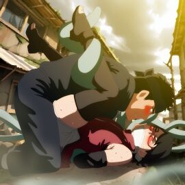 1boy 1girl bestofnesia blush boruto:_naruto_next_generations caressing_cheek closed_eyes crying dark_hair female gag glasses hands_behind_back imminent_rape otm_gag outdoors restrained sweat tears tentacle uchiha_sarada