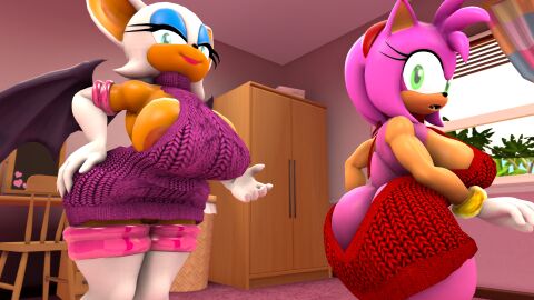 2girls 3d 3d_model amy_rose amy_rose_(kabalmystic) anthro areola_slip areolae ass bat big_ass big_breasts breasts busty clothed darksorm dress eulipotyphlan female female_only furry kabalmystic looking_at_viewer mobian mobian_(species) mobian_bat rouge_the_bat rouge_the_bat_(kabalmystic) seductive_smile sega sonic_(series) sonic_adventure_2 sonic_the_hedgehog_(series)