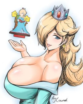 1girls ajcrowned aqua_dress artist_name bare_shoulders big_breasts blonde_hair blue_eyes breasts cleavage crown dress earrings female hair_over_one_eye huge_breasts jewelry lips long_hair looking_at_viewer mario_(series) nintendo off-shoulder_dress princess_rosalina star_(symbol) star_earrings super_mario_galaxy