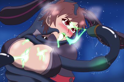 big_breasts bodysuit breasts brown_hair cum_in_mouth cum_on_breasts defeated defeated_heroine female forced_to_swallow head_grab helpless hentaigoo ootsuki_mina self_upload squeezing tentacle tentacle_rape trapped