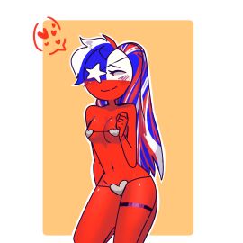 1girls blue_hair blush blush_lines blushing_female breasts chile_(countryhumans) countryballs countryhumans countryhumans_girl edit edited female female_only heart heart_symbol nipple_bulge nipples no_bra no_humans one_eye_obstructed panties panties_only red_body red_hair red_nipples red_skin sitting sitting_down sitting_on_floor small_breasts smaller_female star_(symbol) white_background white_hair women yellow_background