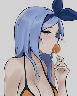 1girls bikini blue_eyes blue_hair blush breasts eating female food grey_background heart heart-shaped_pupils heart_eyes large_breasts licking licking_lollipop lolipop long_hair looking_at_viewer minah saliva saliva_drip seductive seductive_eyes seductive_look sizekinx staring_at_viewer