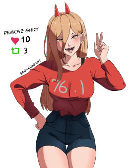 artist_name blonde_hair blue_jeans chainsaw_man female horns jean_shorts long_hair power_(chainsaw_man) red_horns red_shirt sadxkingart sharp_teeth strip_game tights yellow_eyes