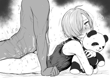 2boys absurdres ahoge bare_shoulders blush bottomless commentary_request femboy from_side gay greyscale hair_over_one_eye highres hugging_object kaiman_garupan lying male male/male male_focus male_penetrated monochrome motion_lines multiple_boys multiple_males nijisanji oerba_yun_fang on_stomach one_eye_covered otoko_no_ko parted_lips ryuushen sex sex_from_behind short_hair solo_focus stuffed_animal stuffed_panda stuffed_toy sweat virtual_youtuber yaoi