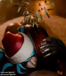 3d balls big_penis blender blue_eyes blue_hair christmas christmas_hat christmas_outfit dark-skinned_male dark_skin female huge_cock interracial kissing_balls large_penis latex_gloves league_of_legends league_of_legends:_wild_rift lipstick_mark lipstick_on_penis looking_at_viewer male mistletoe nythra3d penis penis_on_face penis_on_head running_mascara runny_makeup sona_buvelle sucking_balls