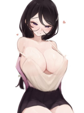 bare_shoulders big_breasts black_hair breasts breasts_visible_through_clothing cleavage clothed deko_morii exposed_shoulders female female_focus female_only fully_clothed glasses hanekawa_tsubasa long_hair monogatari_(series) pleated_skirt skirt sole_female solo solo_female solo_focus