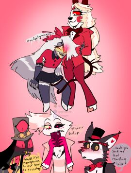 angel_dust_(hazbin_hotel) anthro arachnid arthropod blushing_profusely bodily_fluids charlie_morningstar_(hazbin_hotel) chimeracocks clothed clothing demon dialogue domestic_cat drooling duo erection erection_under_clothing eye_patch eyepatch eyewear fallen_angel felid feline felis female female/female fully_clothed hazbin_hotel hi_res humanoid husk_(hazbin_hotel) mammal penetration pussy recording reptile saliva scalie sir_pentious_(hazbin_hotel) snake spider tail_penetrating vaggie_(hazbin_hotel) vaginal_penetration vivienne_medrano voyeur yellow_saliva yuri