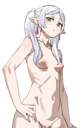 blush bow_(bhp) breasts completely_nude earrings elf female frieren green_eyes hand_on_own_hip inverted_nipples jewelry long_hair looking_at_viewer nude pointy_ears pussy simple_background small_breasts solo sousou_no_frieren twintails white_background white_hair