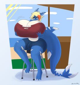 1boy 2020s 2023 2024 2d 2d_(artwork) :) anthro anthro_only ass beach big_ass big_breasts big_thighs blonde_hair booty_shorts bra breasts bulge bulge_under_clothes busty busty_male ch0c0novawaffle ear furry furry_only hi_res highres hips holding_breast holing_breasts hyper hyper_breasts large_ass large_breasts lifting_breasts long_ears long_tail male male_focus male_only male_with_breasts marine motion_lines nova_(ch0c0novawaffle) outdoors penis penis_bulge red_clothing ripped_clothing ripping_clothing sand scalie shark short_hair sideboob sitting skindentation solo solo_focus solo_male stool sunny tail thick_tail thick_thighs thighs water wide_hips