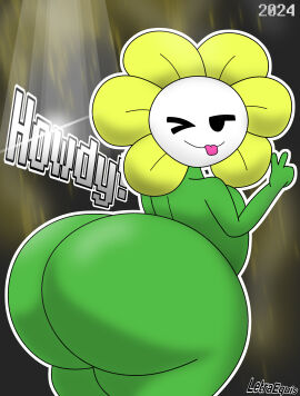 1boy 2024 2d 2d_(artwork) 2d_artwork ass dialogue elemental_creature femboy flora_fauna flower flowey_the_femboy flowey_the_flower flowey_with_a_body flowey_with_nothing_else_but_a_massive_ass huge_ass letraequis_(artist) male male_only monster monster_boy offscreen_character paint_tool_sai petals plant salute shaded_background slightly_chubby talking_to_viewer thick_ass_monster toby_fox undertale watermark wide_ass wide_hips
