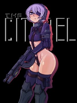 arm_pouch armor armored_boots ass assault_rifle black_bow boots bow bubble_ass bubble_butt crotch_strap doekuramori english_text female female_focus gloves greaves gun hair_between_eyes headgear holding holding_gun holding_rifle holding_weapon holster martyr_(the_citadel) matching_hair/eyes official_art one_eye_covered open_mouth pouch purple_eyes purple_gloves purple_hair rifle solo solo_focus standing the_citadel the_martyr thigh_pouch thigh_strap thighhighs title tomboy weapon
