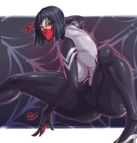 1girls asian asian_female black_hair blush cindy_moon color deigart female female_focus female_only hi_res light-skinned_female light_skin looking_at_viewer marvel marvel_comics pussy pussy_visible_through_clothes short_hair silk_(marvel) solo solo_female spider-man_(series) suit superheroine tagme thick_thighs