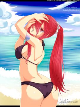 1girls arm_tattoo ass bikini bikini_only black_bikini black_bikini_only blue_tattoo erza_scarlet fairy_tail fairy_tail_mark female female_only mariablueneko red-haired_female red_hair solo solo_female solo_only tattoo