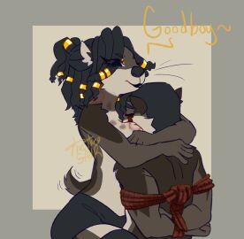 1 arms_around_partner arms_behind_back arms_tied arms_tied_behind_back bara bondage breast_squish breasts cowgirl_position face_in_breasts feeling_pleasured hands_on_another's_shoulders hugging makeup male original original_character otter rope_bondage sitting_on_person smothering straddling submissive_male tedinsfw thetheosaur yaoi