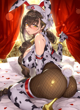 1girls ass bed bell_collar big_breasts blushing bracelet braided_hair breasts brown_hair bunny_ears bunny_tail bunnysuit cow_print cow_print_gloves cow_print_leotard cow_print_thighhighs cowbell curtains elbow_gloves fake_animal_ears fake_tail female fishnet_pantyhose fishnets flower_in_hair gan_(shanimuni) gloves hair_flower high_heel_boots high_heels highleg highleg_leotard kanpani_girls large_breasts leotard long_hair looking_at_viewer mole mole_under_eye on_bed pantyhose pillow playboy_bunny shirayuri_sakura sweating thighhigh_boots thighhighs yellow_eyes