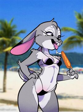 2025 anthro arm_tuft beach bikini black_bikini black_clothing black_eyes black_swimwear breasts chest_tuft clothing disney elbow_tuft eyebrows eyelashes fabio_paulino female food fur grey_body grey_fur hand_on_hip judy_hopps lagomorph leporid mammal popsicle rabbit small_breasts solo swimwear tongue tongue_out tuft two-piece_swimsuit white_body white_fur zootopia