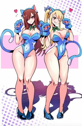 2girls big_breasts blonde-haired_female blonde_hair breasts cat_ears cat_tail cosplay erza_scarlet fairy_tail female happy_(cosplay) happy_(fairy_tail)_(cosplay) hfxpins lucy_heartfilia red-haired_female red_hair