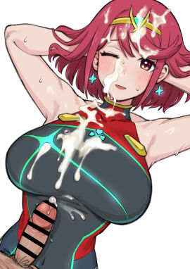 1boy 1girls absurdres armpits arms_up bar_censor big_breasts black_one-piece_swimsuit blush breasts bukkake censored chest_jewel collarbone commentary covered_navel cum cum_on_body cum_on_breasts cum_on_clothes cum_on_hair drop_earrings earrings erection facial female from_above glowing hands_in_hair highres jewelry large_breasts looking_at_viewer lying male multicolored_clothes multicolored_swimsuit nim_r18 on_back one-piece_swimsuit one_eye_closed open_mouth orange_eyes penis pyra pyra_(xenoblade) red_hair red_one-piece_swimsuit short_hair simple_background skin_tight smile solo_focus star_(symbol) star_earrings straight sweat swept_bangs swimsuit tiara upper_body variant_set white_background xenoblade_chronicles_(series) xenoblade_chronicles_2
