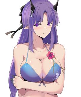 1girls arknights arm_under_breasts bikini black_bow blue_bikini blush bow breasts cleavage closed_mouth collarbone female flower front-tie_bikini_top front-tie_top hairbow hibiscus hibiscus_(arknights) hibiscus_the_purifier_(arknights) highres horns large_breasts long_hair looking_at_viewer parted_bangs pointy_ears purple_eyes purple_hair red_flower sidelocks simple_background solo straight_hair string_bikini swimsuit upper_body white_background