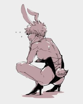 alternate_costume bunny_ears bunny_tail bunnysuit crossdressing full_body gintama gintoki_sakata high_heels male male_only male_playboy_bunny masculine_crossdresser miyanojun monochrome solo squatting toned toned_male wardrobe_malfunction