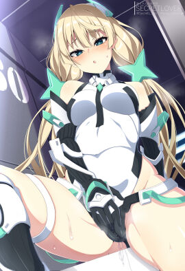 angela_balzac bare_shoulders black_gloves blonde_hair blush breasts clothed_masturbation covered_navel deva_battle_suit elbow_gloves female gloves green_eyes headgear highleg highleg_leotard highres leotard long_hair low_twintails masturbation medium_breasts pussy pussy_juice rakuen_tsuihou sebunsu solo sweat thigh_strap twintails white_leotard