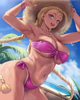 1girls antenna_hair armpits big_breasts bikini blue_eyes braided_twintails breasts cammy_white cleavage dog_tags female female_focus female_only long_hair looking_at_viewer moisture_(chichi) navel open_mouth open_mouth_smile smile solo straw_hat street_fighter swimsuit tanline thick_thighs thighs twin_braids twintails wide_hips