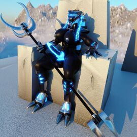 1futa 2023 3d big_breasts bionicle black_body blue_eyes blue_penis breasts canine_penis futa_only futanari holding_object holding_weapon intersex large_breasts lego massive_breasts muscular muscular_futa nipples nude outside penis roodaka seat seated sitting sitting_on_throne solo throne weapon zebjo