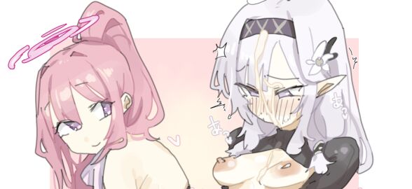 1futa 1girls areolae bangs bangs_between_eyes black_bodysuit blue_archive blush blush_lines blushing bodysuit breasts clothed clothing cropped cropped_image cum_on_face cum_on_own_face duo eimi_(blue_archive) eimi_(swimsuit)_(blue_archive) elf elf_ears female flower_in_hair flowers futanari hair_between_eyes hair_flower hair_intakes hairband halo headband heart himari_(blue_archive) human implied_futa implied_sex intersex japanese_text leebongchun light-skinned_female light-skinned_futa light_skin millennium_science_school_student mole mole_under_eye mostly_nude nipples pink_hair pink_halo ponytail preview purple_hair small_breasts super_phenomenon_task_force_(blue_archive) text white_hair