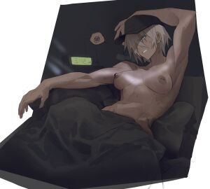 1futa alarm alarm_clock athletic athletic_futa balls bed bed_sheet bedroom big_penis blanket blonde_hair breasts clock clothed clothing erection erection_under_blanket fit fit_futa futa_only futanari hat hat_only huge_balls human intersex laying_down laying_on_bed light-skinned_futa light_skin lying lying_on_back lying_on_bed navel nipple_piercing nipples nude nude_futa on_stomach partially_clothed penis pierced_nipples piercing piercings sheets solo telson under_covers