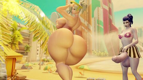 1girl1futa 3d animated bikini bouncing_ass bouncing_breasts female futanari huge_ass huge_balls huge_cock mercy micro_bikini overwatch overwatch_2 partially_clothed public_nudity shaking_ass skirt skirt_lift staring_at_ass tagme tenting throbbing_penis twerking video virtamate widowmaker