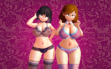 2girls 3d 3d_(artwork) ass big_ass big_breasts black_eyes black_hair breasts brown_hair female female_only hilda_(series) johanna_(hilda) kaisa_(hilda) koikatsu large_ass large_breasts looking_at_viewer looking_back milf multiple_females multiple_girls navel nipples nipples_visible_through_clothing open_mouth papaoso pink_bra pink_nipples pink_panties pink_socks pink_underwear purple_bra purple_hair purple_panties purple_socks purple_underwear short_hair socks thigh_highs thighhighs thighs two-tone_hair wide_hips